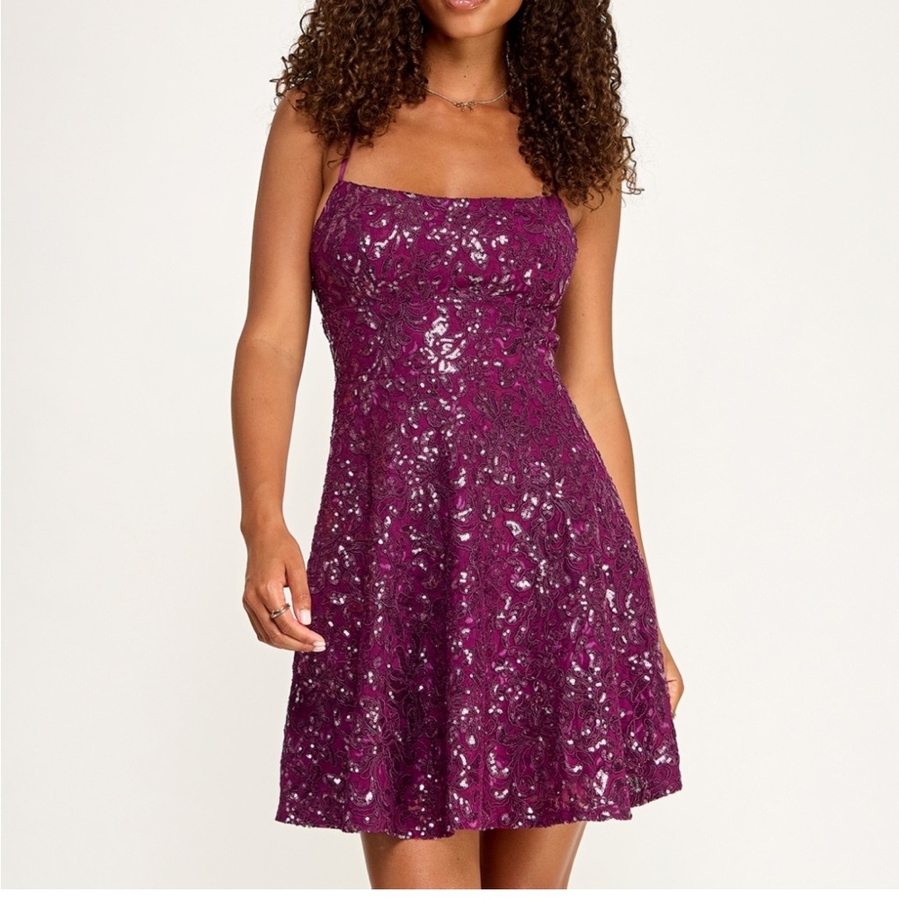 NWT!! Emerald Sundae Purple Sequin Spaghetti Strap Mini Dress - Picture 2 of 5
